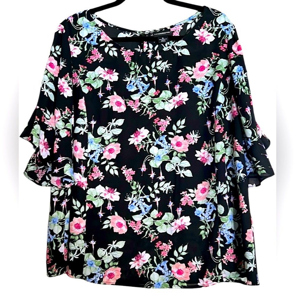 LIZ CLAIBORNE Career Black/Pink/Green/White Floral Ruffle Sleeve Top,Sz XL,EUC.